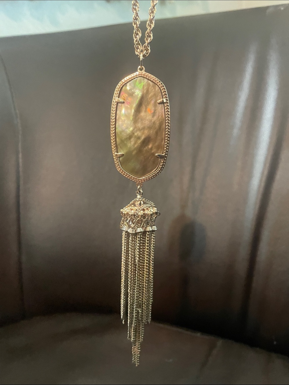 Kendra Scott Gold Tassel Pendant Necklace with Iridescent Olive Stone